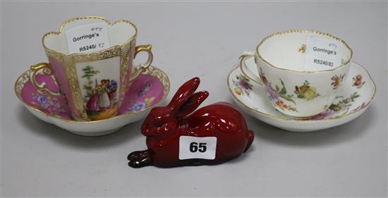 A Meissen floral painted cup and saucer, a Dresden two handled cup and saucer and a Royal Doulton model rabbit